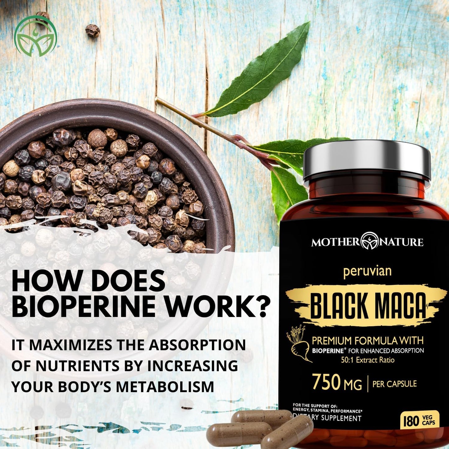 Organic Raw Black Maca 750mg with BioPerine, Energy and Performance, 180 Capsules - görsel 8