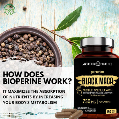 Organic Raw Black Maca 750mg with BioPerine, Energy and Performance, 180 Capsules