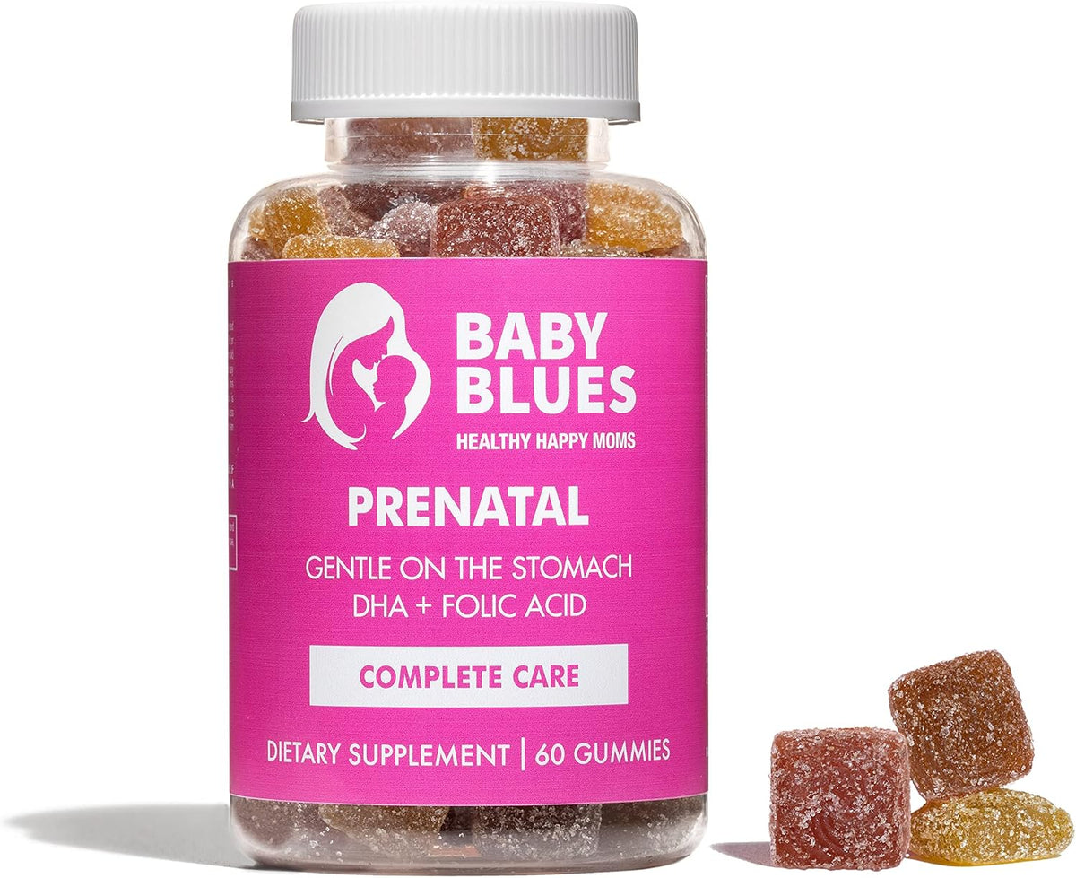 Baby Blues Prenatal Gummies for Women, Prenatal Multivitamin with DHA and Folic Acid, Iron Free, Gentle on Stomach, No Fishy Aftertaste, Raspberry Lemonade, 60 Count - görsel 1