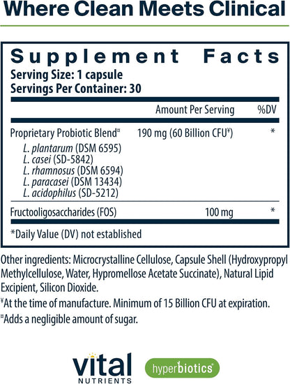 Hyperbiotics Vital Nutrients Prebiotic and Probiotic - 60 Billion CFU, 30 Vegan Capsules