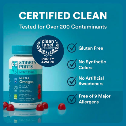 SmartyPants Men's Multivitamin Gummies with Omega-3 DHA/EPA, Methylfolate, Vitamin D3, C, B12, B6, A, K, Zinc – Raspberry Lemonade, 90 Count