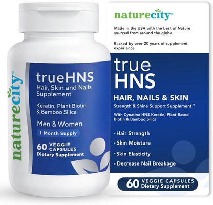 NatureCity True-HNS Hair Nails and Skin Cynatine Keratin and Plant Based Biotin Vitamin Supplement | Fuller and Stronger Hair and Nails | Non-GMO | 60 Veggie Capsules