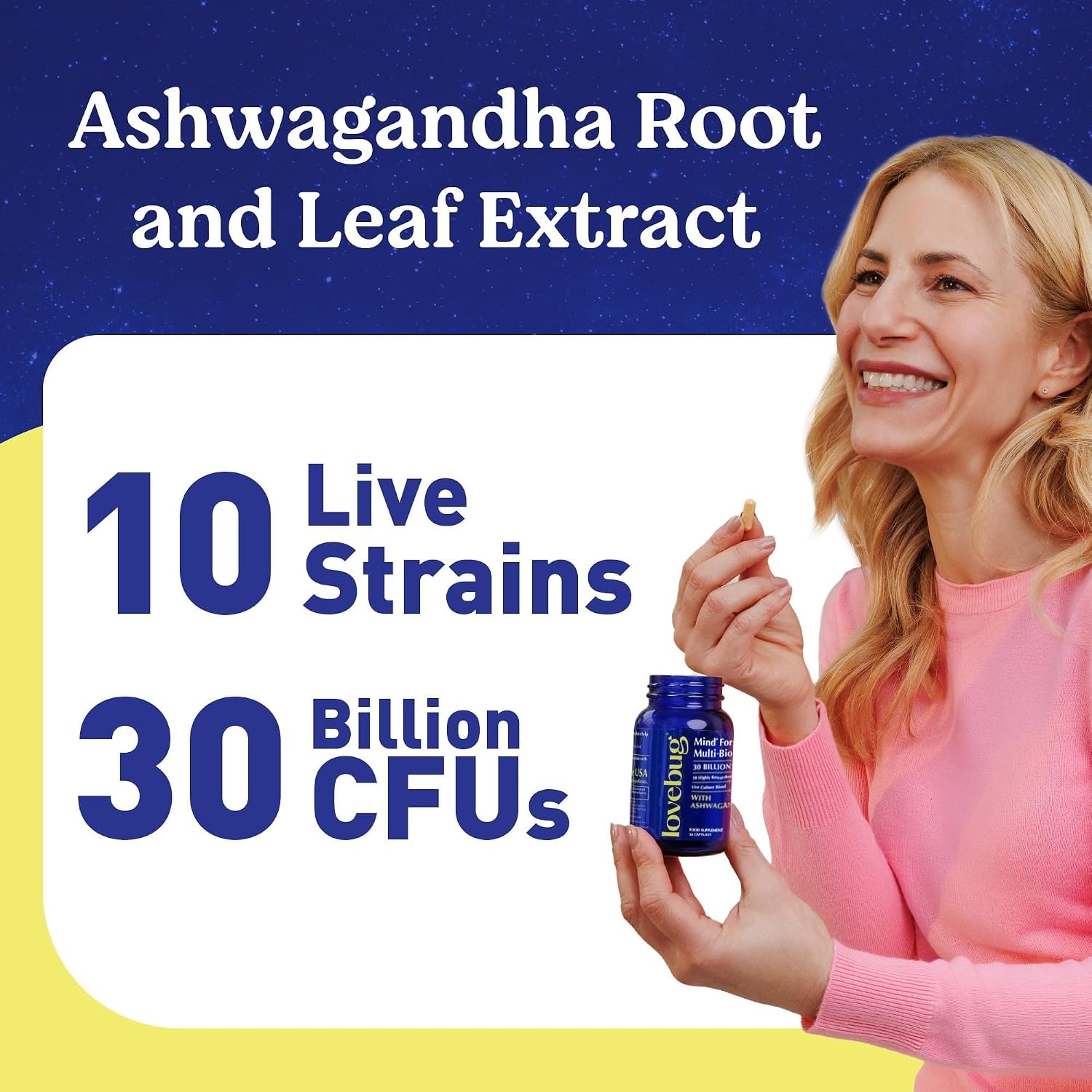 LOVEBUG Complete Mood Probiotic with 10 Clinically Studied Probiotic Strains & Patented Organic Ashwagandha (30 Capsules) - görsel 2