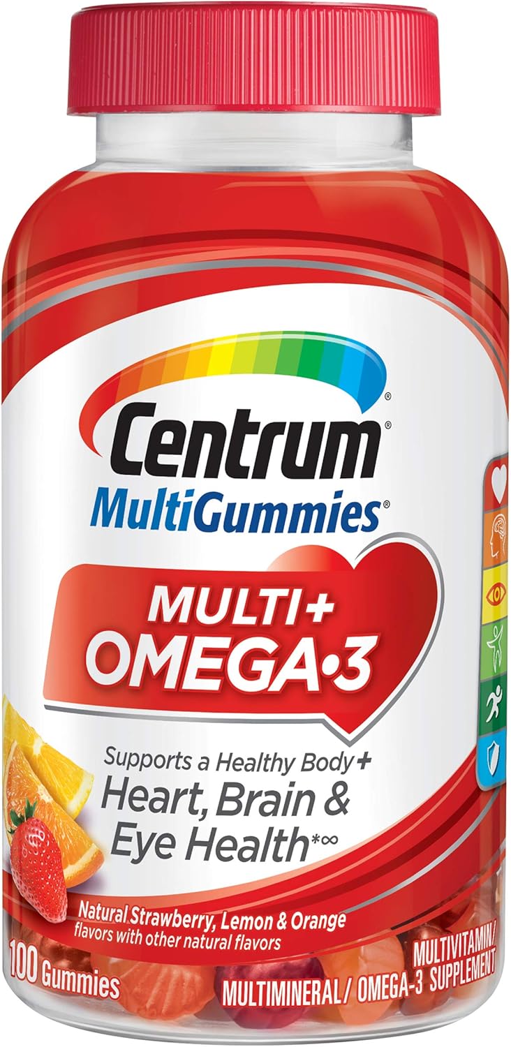 Centrum MultiGummies Omega 3 Gummy Multivitamin for Adults, Multivitamin/Multimineral Supplement, Strawberry/Lemon/Orange Flavours - 100 Count - görsel 1