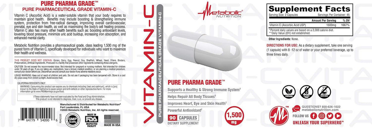 Metabolic Nutrition Vitamin C, 1500mg, Pure Pharma Grade, High Absorption Ascorbic Acid Capsules (90 Caps) – Image 4