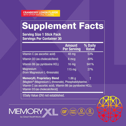 MemoryXL Brain Supplement with Magnesium L-Threonate (Magtein®), Phosphatidylserine and Vitamins - 30 Stick Packs, Cranberry Lemon