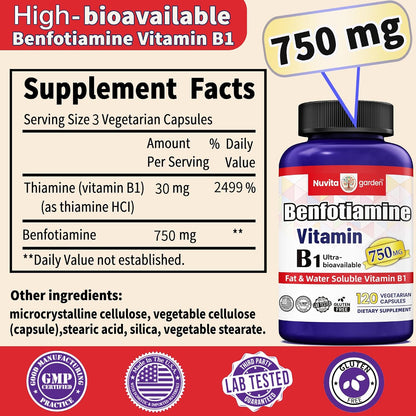 Benfotiamine 750mg, 120 Vegetarian Capsules – Fat-Soluble Vitamin B1 Thiamine Supplement