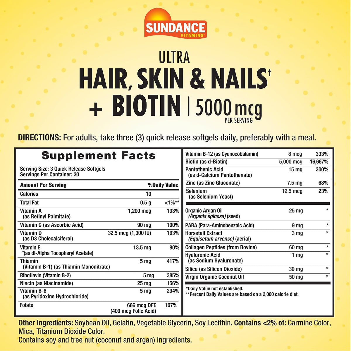Sundance Hair, Skin & Nails Complex - 90 Softgels - Biotin 5000mcg - Non-GMO & Gluten-free - görsel 2