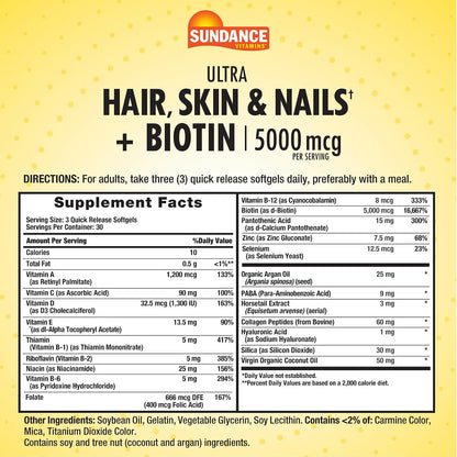 Sundance Hair, Skin & Nails Complex - 90 Softgels - Biotin 5000mcg - Non-GMO & Gluten-free