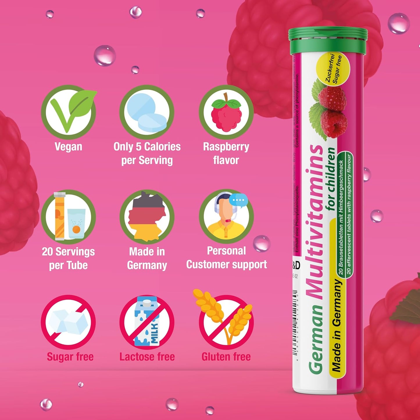 T&D German Multivitamin for Children - 8 Vitamins, Vegan Effervescent Tablets, Raspberry Flavour (100 Count) - görsel 5