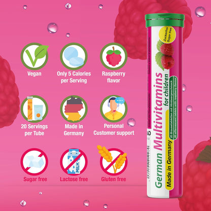 T&D German Multivitamin for Children - 8 Vitamins, Vegan Effervescent Tablets, Raspberry Flavour (100 Count)