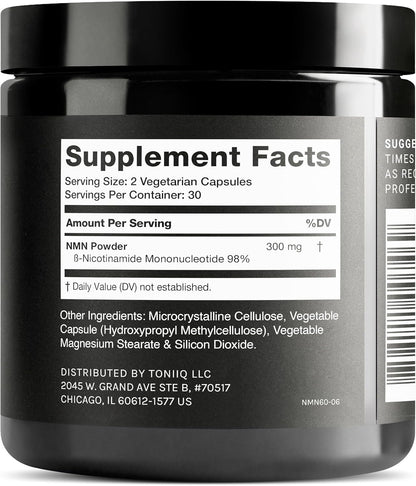 Toniiq Stabilised NMN Capsules - 300mg - 98% Highly Purified - for NAD+ - 60 Capsules