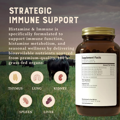 HEART & SOIL – 100% Grass Fed & Finished Histamine & Immune Support Supplement with Thymus, Lung, Spleen, Liver, & Kidney – Immune Defence – Glass Bottle – 180 Capsules
