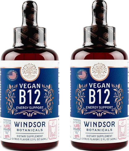 WINDSOR BOTANICALS Vegan Vitamin B12 Liquid – Max Strength 5000 mcg Methylcobalamin Sublingual Drops – Citrus Flavour