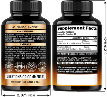Liposomal Vitamin C 1700 mg - High Absorption Fat Soluble Complex - 180 Capsules
