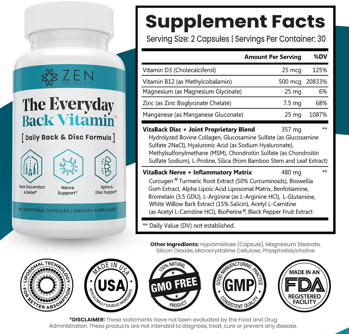 Zen Nutrients The Everyday Back Vitamin - Back, Disc and Nerve Support Food Supplement with Alpha Lipoic Acid, Turmeric & Glucosamine (60 Capsules) - görsel 2