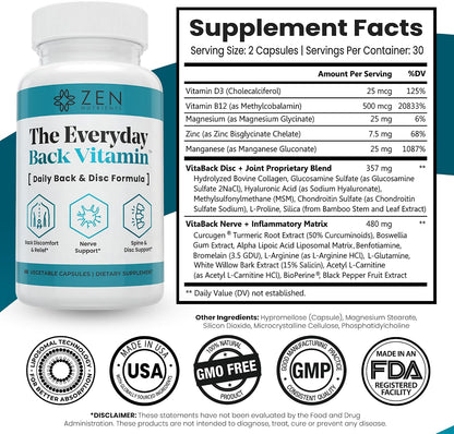 Zen Nutrients The Everyday Back Vitamin - Back, Disc and Nerve Support Food Supplement with Alpha Lipoic Acid, Turmeric & Glucosamine (60 Capsules)