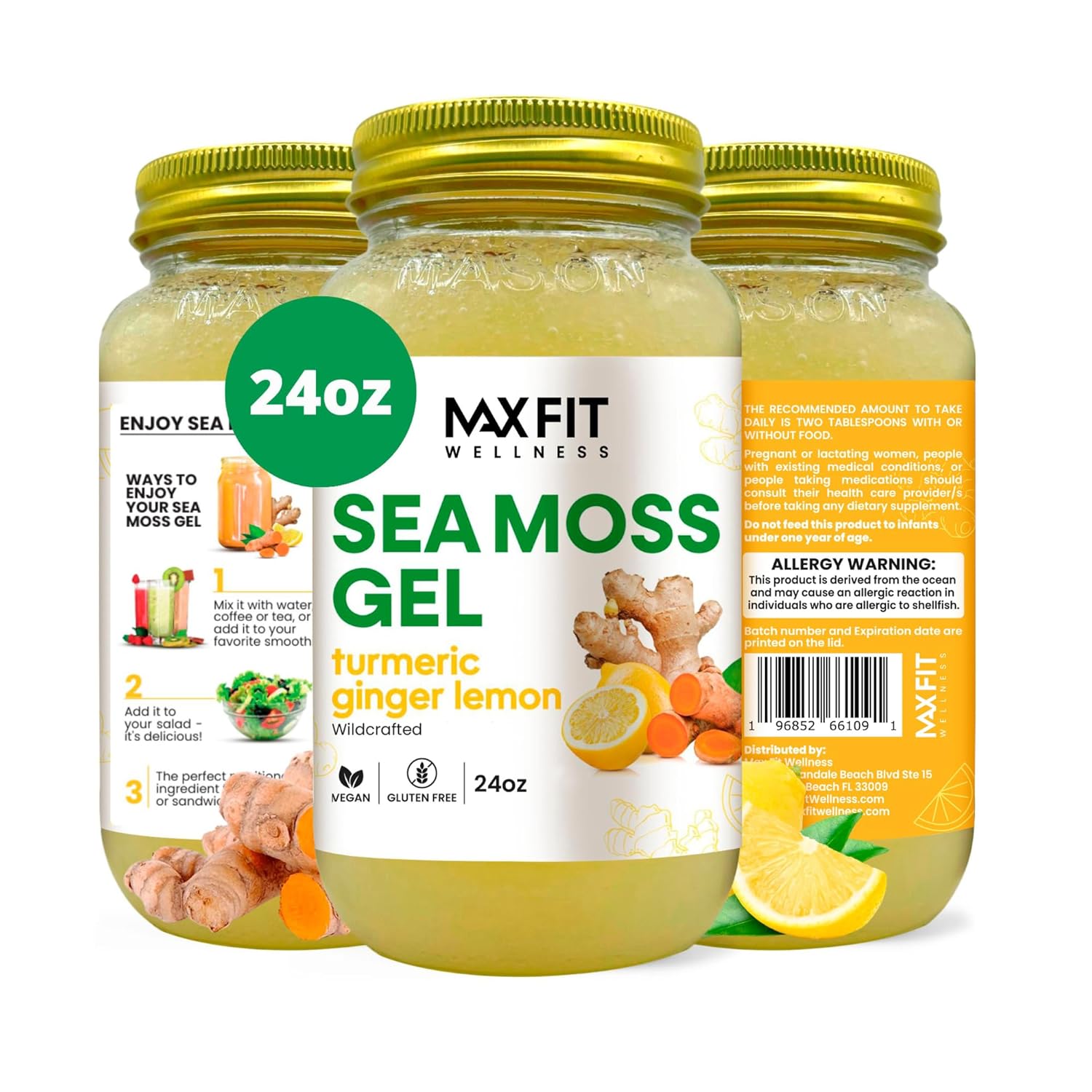 MAX FIT Sea Moss Gel Turmeric Ginger Lemon (25 Flavours) 680g Wildcrafted Gold Sea Moss Gel from Saint Lucia | 92 Vitamins and Minerals | Pure Raw+Non-GM - görsel 1