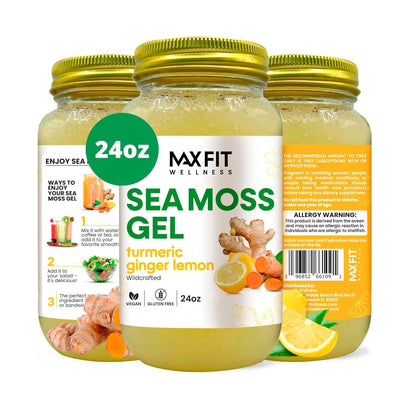 MAX FIT Sea Moss Gel Turmeric Ginger Lemon (25 Flavours) 680g Wildcrafted Gold Sea Moss Gel from Saint Lucia | 92 Vitamins and Minerals | Pure Raw+Non-GM