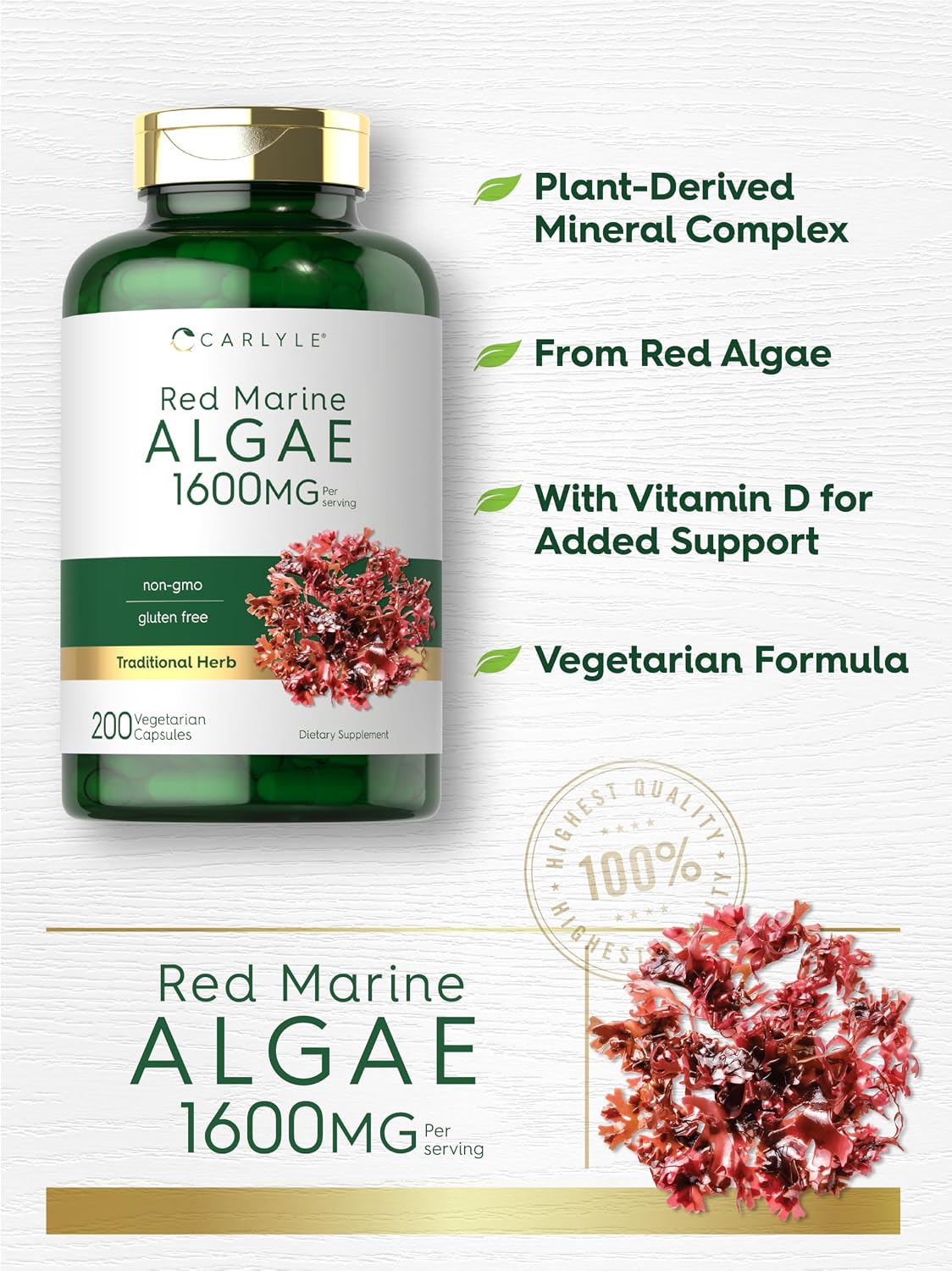 Carlyle Red Marine Algae 1600mg with Calcium, Magnesium and Vitamin D3 - 200 Capsules - görsel 4
