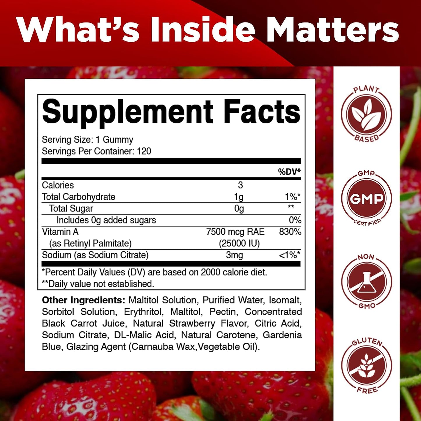 Vitamatic Vitamin A 25,000 IU Gummies – Sugar-Free Retinyl Palmitate – 1 Daily Gummy, 120 Servings – Natural Strawberry Flavour – Pectin Based – 120 Count - görsel 2