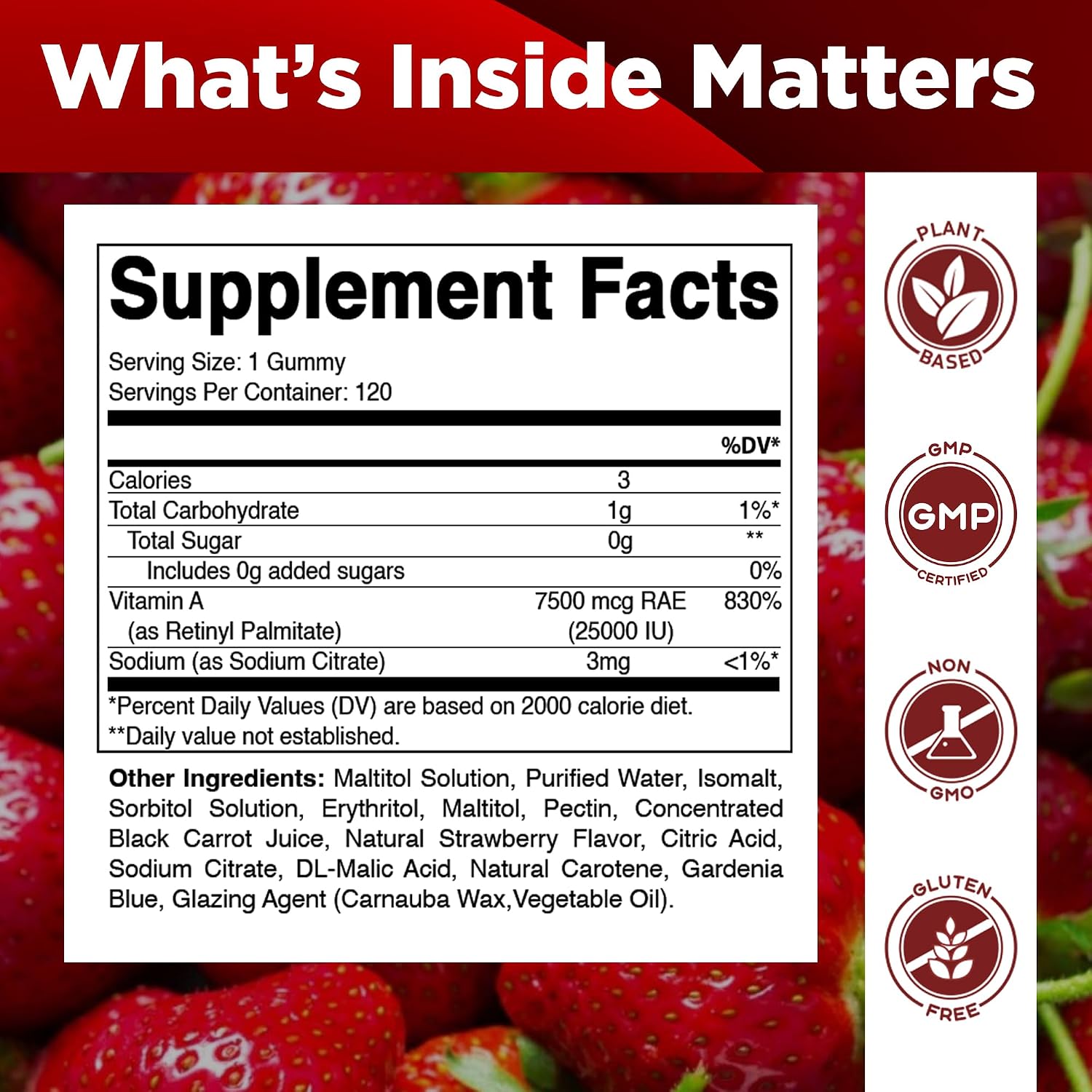 Vitamatic Vitamin A 25,000 IU Gummies – Sugar-Free Retinyl Palmitate – 1 Daily Gummy, 120 Servings – Natural Strawberry Flavour – Pectin Based – 120 Count - görsel 2