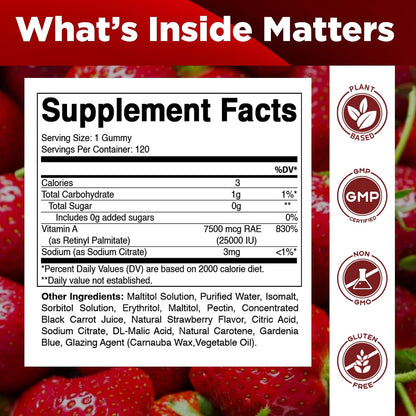 Vitamatic Vitamin A 25,000 IU Gummies – Sugar-Free Retinyl Palmitate – 1 Daily Gummy, 120 Servings – Natural Strawberry Flavour – Pectin Based – 120 Count