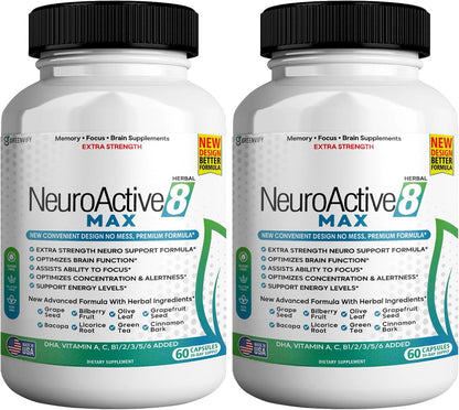 GREENVIFY NeuroActive 8 Max Brain Support Food Supplement, Extra Strength, 60 Capsules