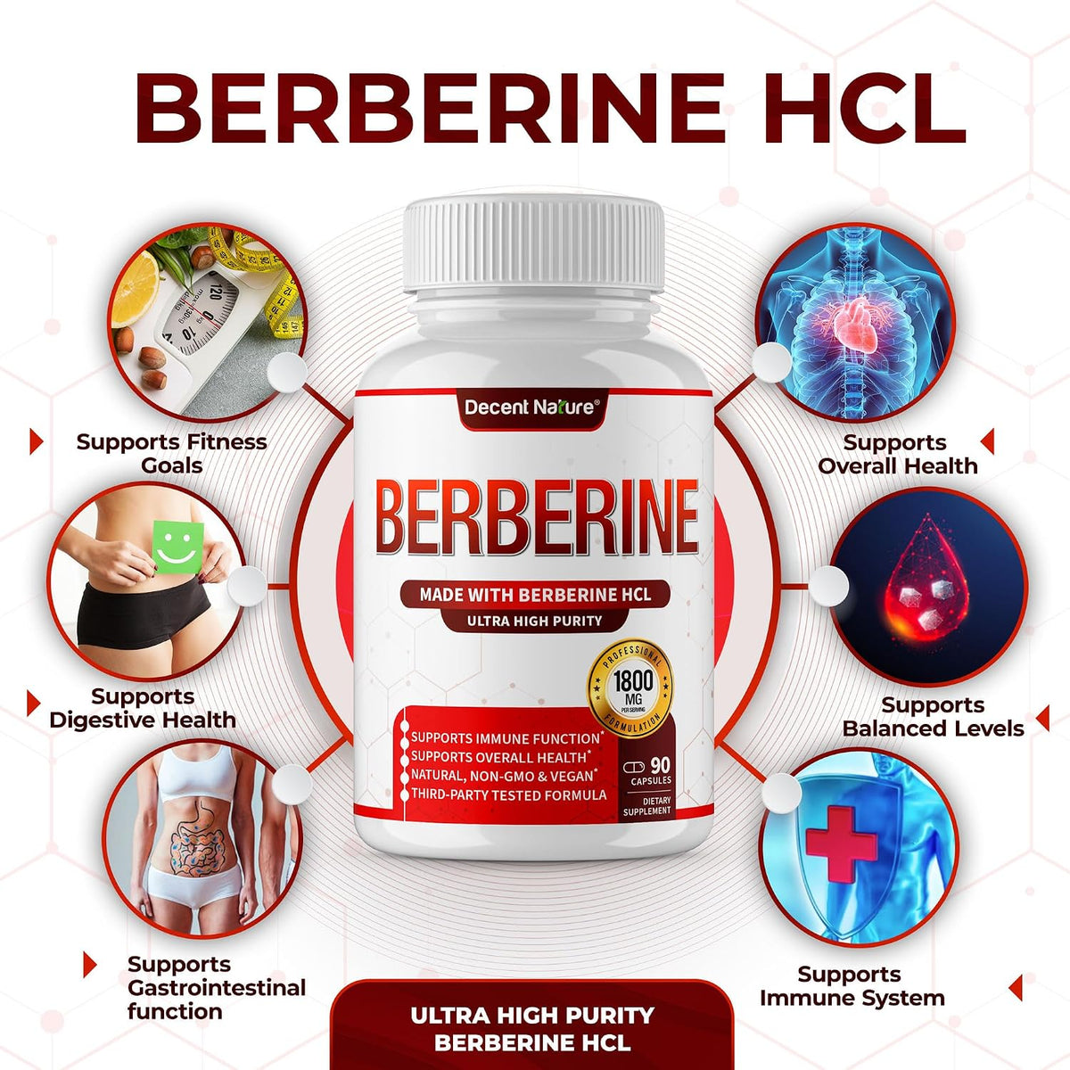 DECENT NATURE Berberine HCl 1800mg - 97% High Purity Supplement, 90 Vegan Capsules - görsel 3