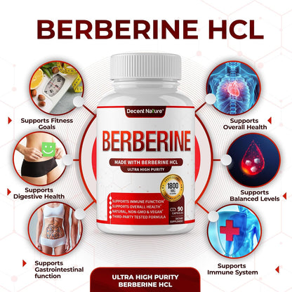 DECENT NATURE Berberine HCl 1800mg - 97% High Purity Supplement, 90 Vegan Capsules