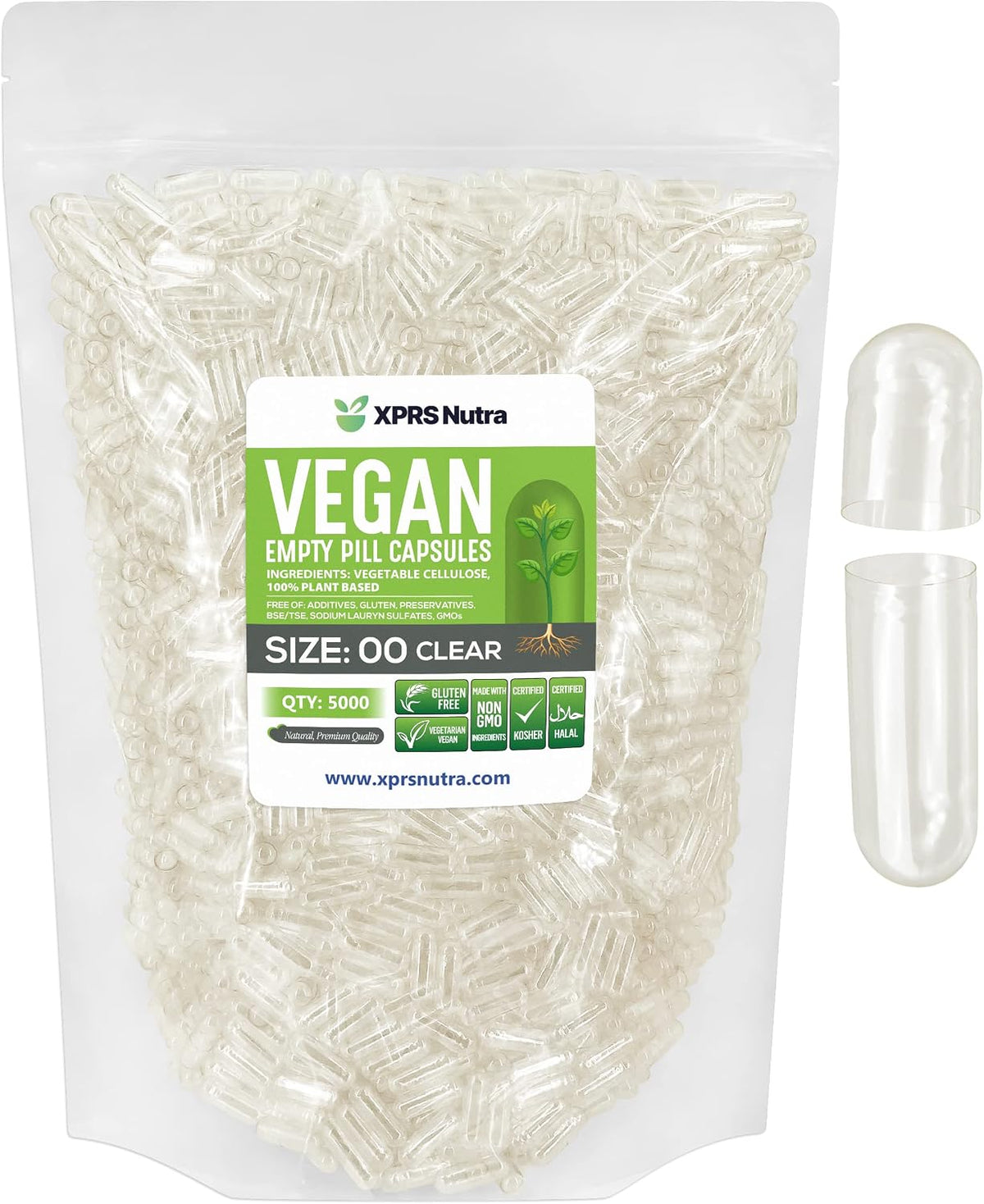 XPRS Nutra Size 00 Empty Capsules - 5000 Count - Clear Vegan Vegetable Capsules for DIY Supplement Filling - görsel 1