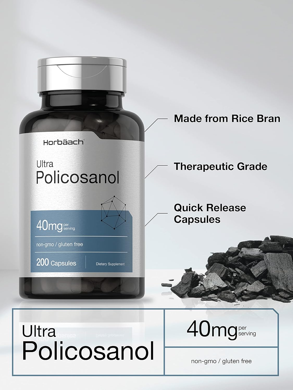 Horbäach Policosanol 40mg, 200 Capsules – Non-GMO & Gluten-free Supplement - görsel 3