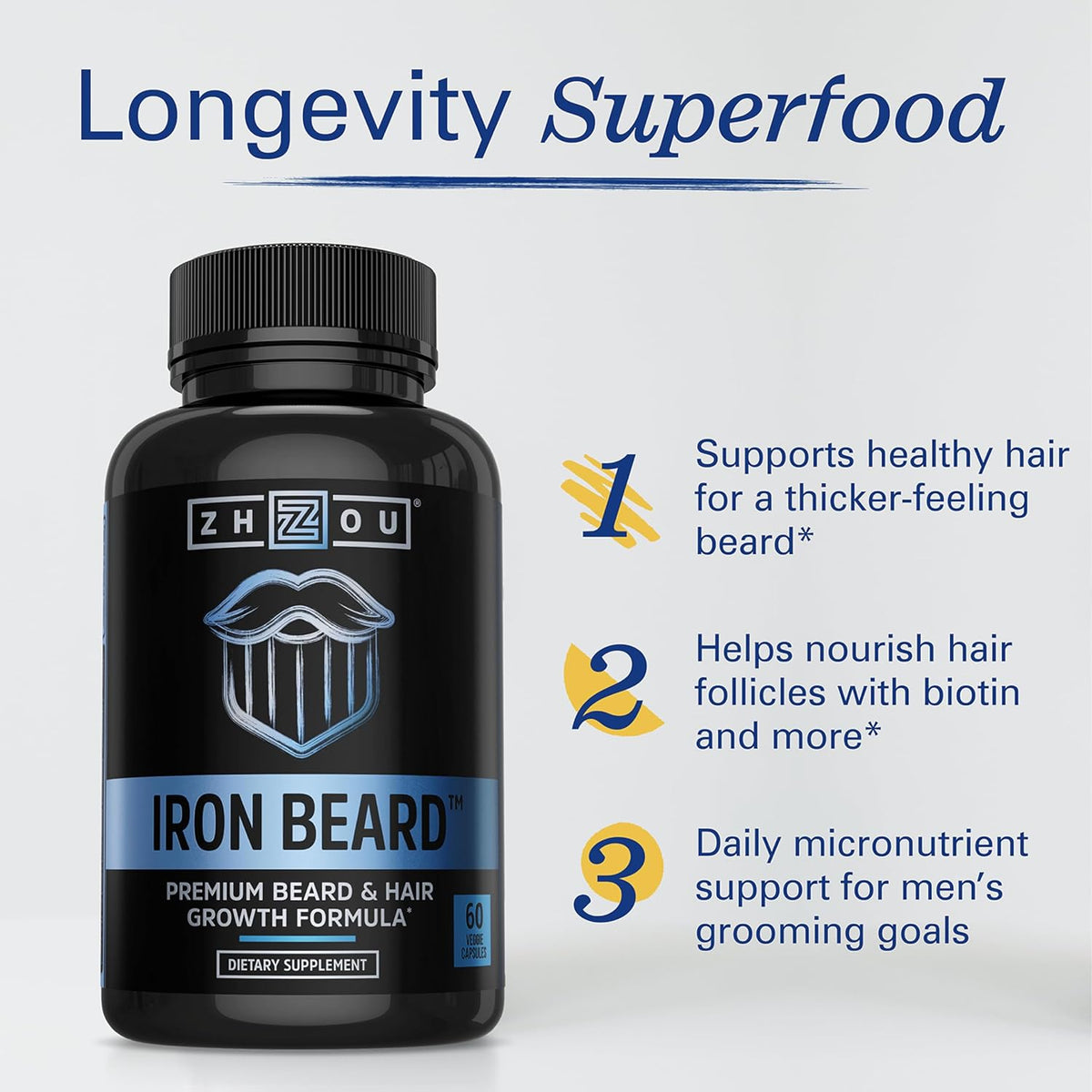 Zhou Iron Beard - Beard Growth Vitamins for Men, Premium Biotin, Saw Palmetto & B Vitamins for Facial Hair Support - 60 Veggie Capsules - görsel 3