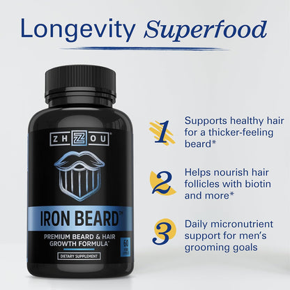 Zhou Iron Beard - Beard Growth Vitamins for Men, Premium Biotin, Saw Palmetto & B Vitamins for Facial Hair Support - 60 Veggie Capsules