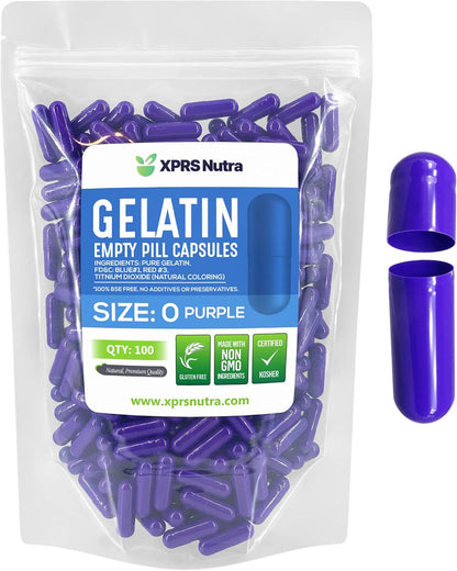 XPRS Nutra Size 0 Empty Capsules - 100 Count Gelatine Capsules for DIY Supplement Filling (Purple)