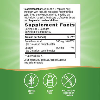 Nature's Way Pantothenic Acid 500mg - Supports Energy Metabolism, 100 Capsules