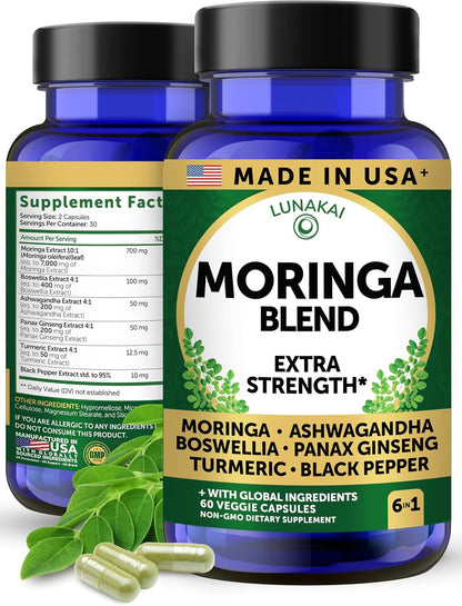 Lunakai USA-made Pure Moringa Capsules – Advanced Moringa Leaf Extract Supplement with Ashwagandha, Boswellia, Ginseng & Turmeric, 60ct