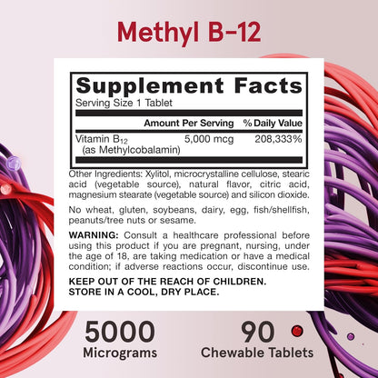 Jarrow Formulae Maximum Strength Methyl B12 5000 mcg – 90 Cherry Chewable Tablets – Bioactive Vitamin B12