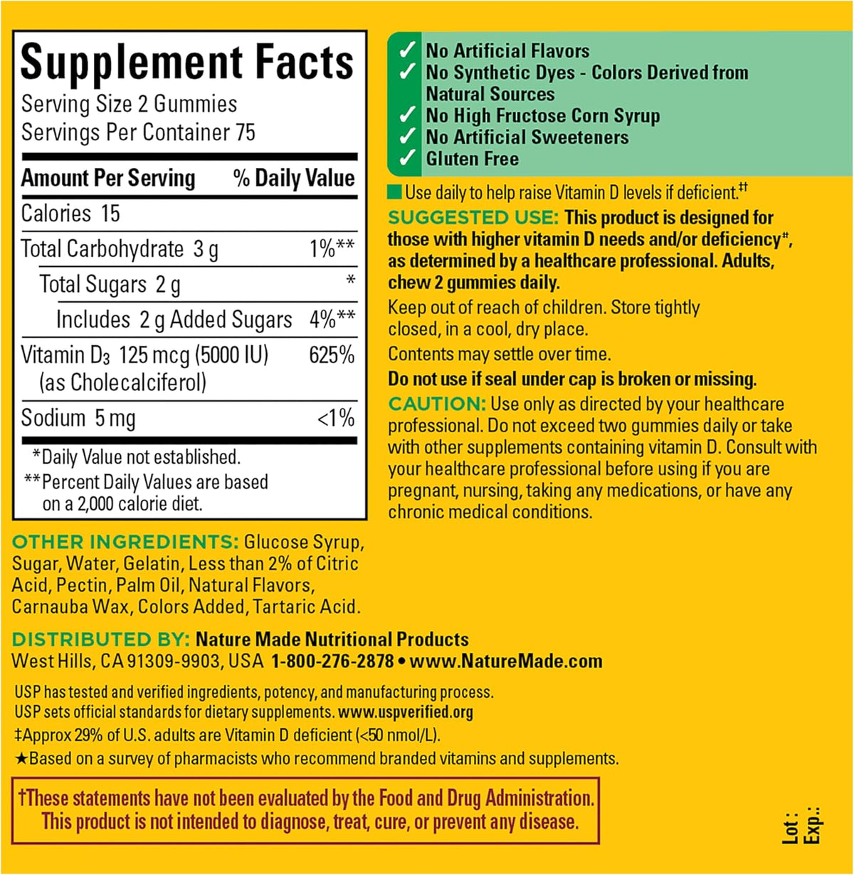 Nature Made Vitamin D3 5000 IU Gummies, Extra Strength, 150 Gummies - görsel 7