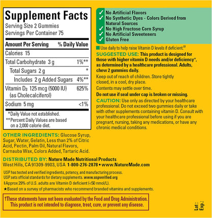 Nature Made Vitamin D3 5000 IU Gummies, Extra Strength, 150 Gummies