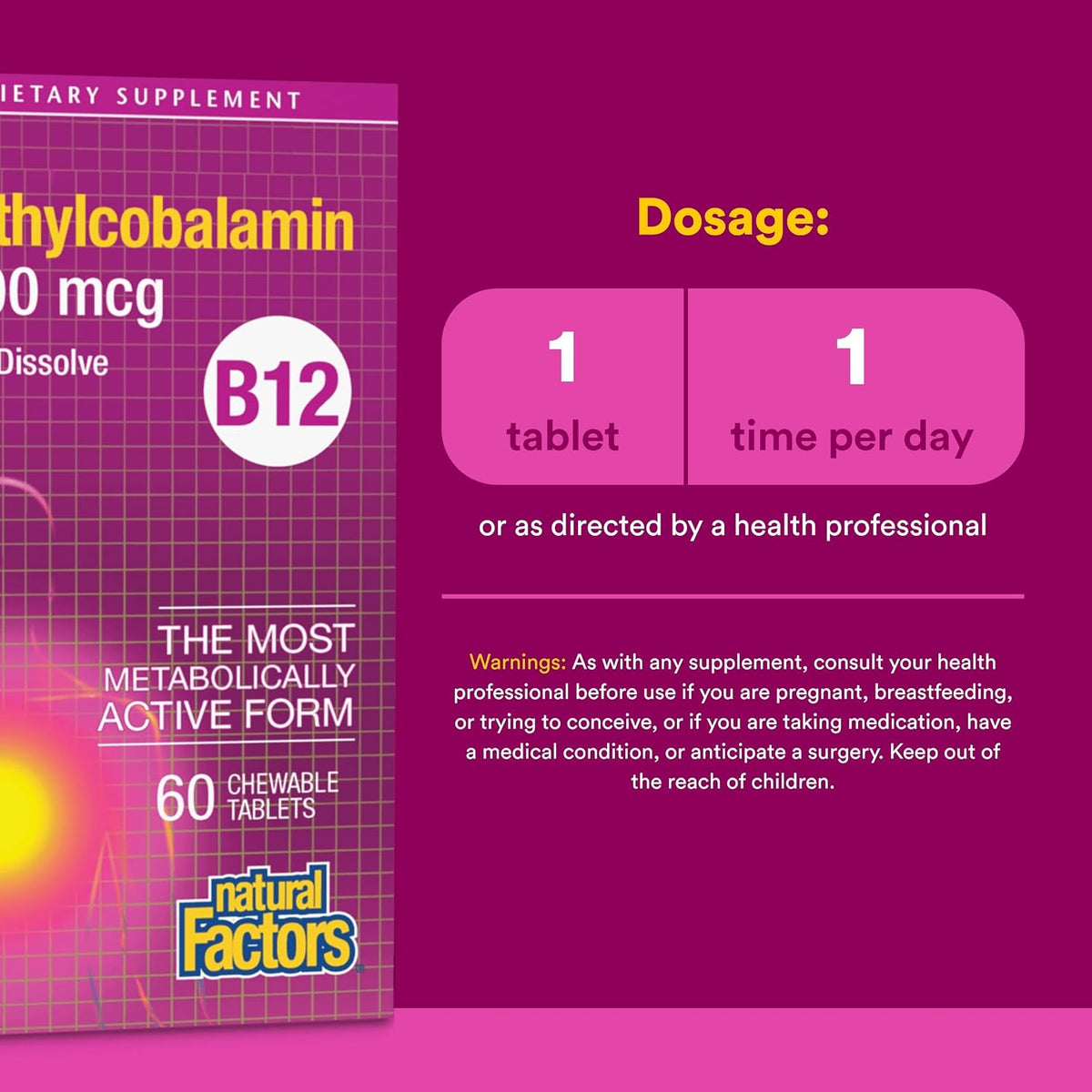 Natural Factors Vitamin B12 Methylcobalamin 5000 mcg Chewable Tablets, 60 Chewable Tablets - görsel 3
