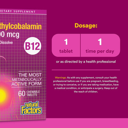 Natural Factors Vitamin B12 Methylcobalamin 5000 mcg Chewable Tablets, 60 Chewable Tablets