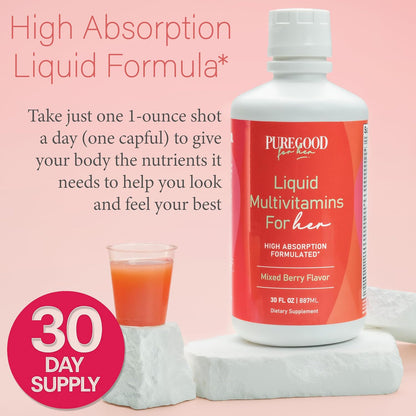 PureGood Liquid Multivitamin for Women | Methylated B12, Folate, Biotin & Saffron | Omega-3 6 7 9 | Energy, Mood & Hormone Balance Support | Iron Free | Sugar Free | 887 ml