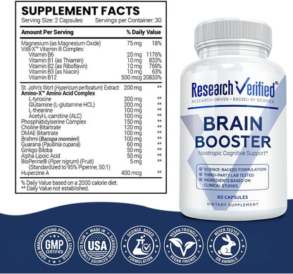 Research Verified Brain Booster – Nootropic Supplement for Memory and Focus – 60 Vegan Capsules