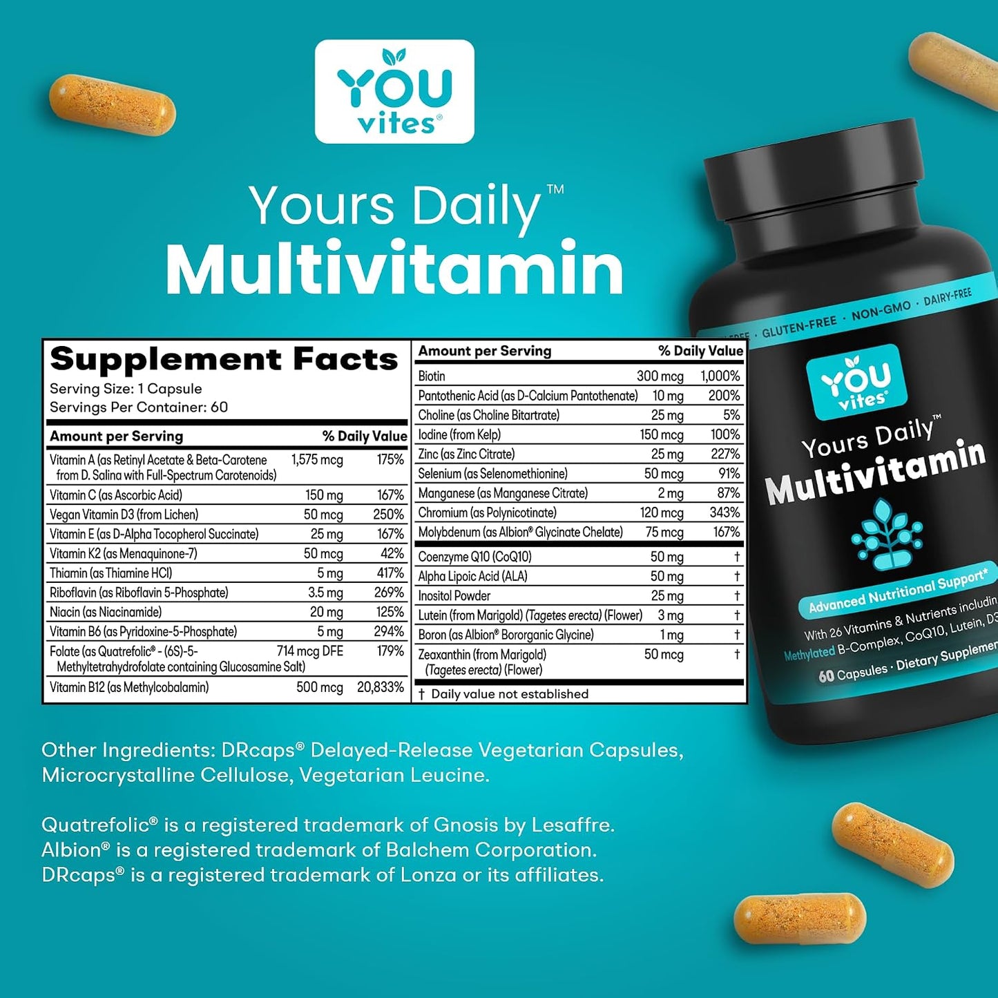You Vites Methylated Multivitamin for Men and Women - Methyl Multi Iron-Free - 60 Capsules - görsel 5
