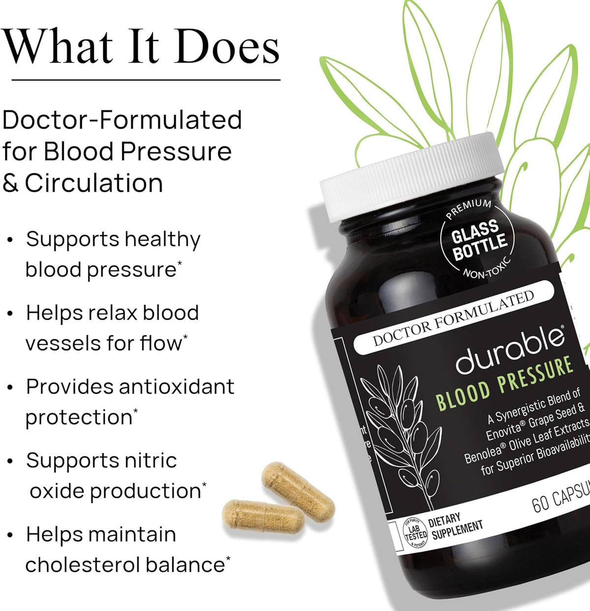 Durable Blood Pressure – Benolea Olive Leaf & Enovita Grape Seed Extract – Normal Circulation, Nitric Oxide & Artery Support – Doctor-Formulated, Vegan, Non-GMO, Made in USA (180 Capsules) - görsel 3