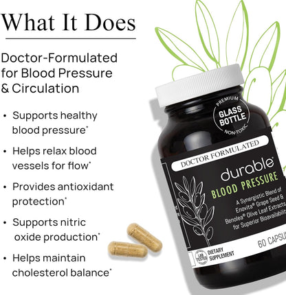 Durable Blood Pressure – Benolea Olive Leaf & Enovita Grape Seed Extract – Normal Circulation, Nitric Oxide & Artery Support – Doctor-Formulated, Vegan, Non-GMO, Made in USA (180 Capsules)