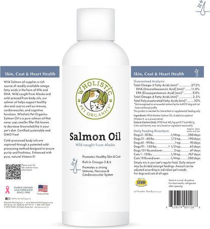 Wholistic Pet Organics Wild Alaskan Salmon Oil for Dogs and Cats – Omega-3 Fish Oil Supplement – 4 oz (118 ml)