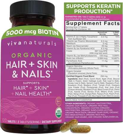 Viva Naturals Biotin 5000 mcg – Organic – Hair health: Biotin contributes to the maintenance of normal hair by – Image 1