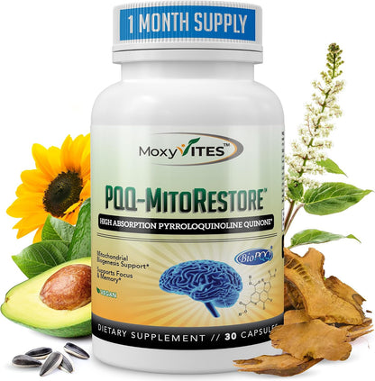 MoxyVites PQQ MITORESTORE Brain Food Supplement - Mitochondria Support with BioPQQ 20mg - 30 Vegan Capsules, Non-GMO